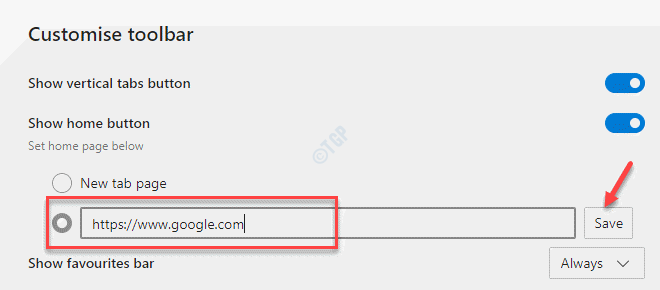 Configurações do Edge Personalizar barra de ferramentas Mostrar botão da página inicial Adicionar URL Salvar