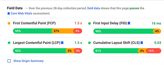 Relatório do Core Web Vitals exemplo