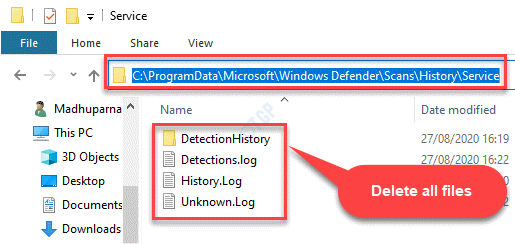 Explorador de arquivos Navegar para a pasta de serviços no Windows Defender Selecionar todos os arquivos Excluir