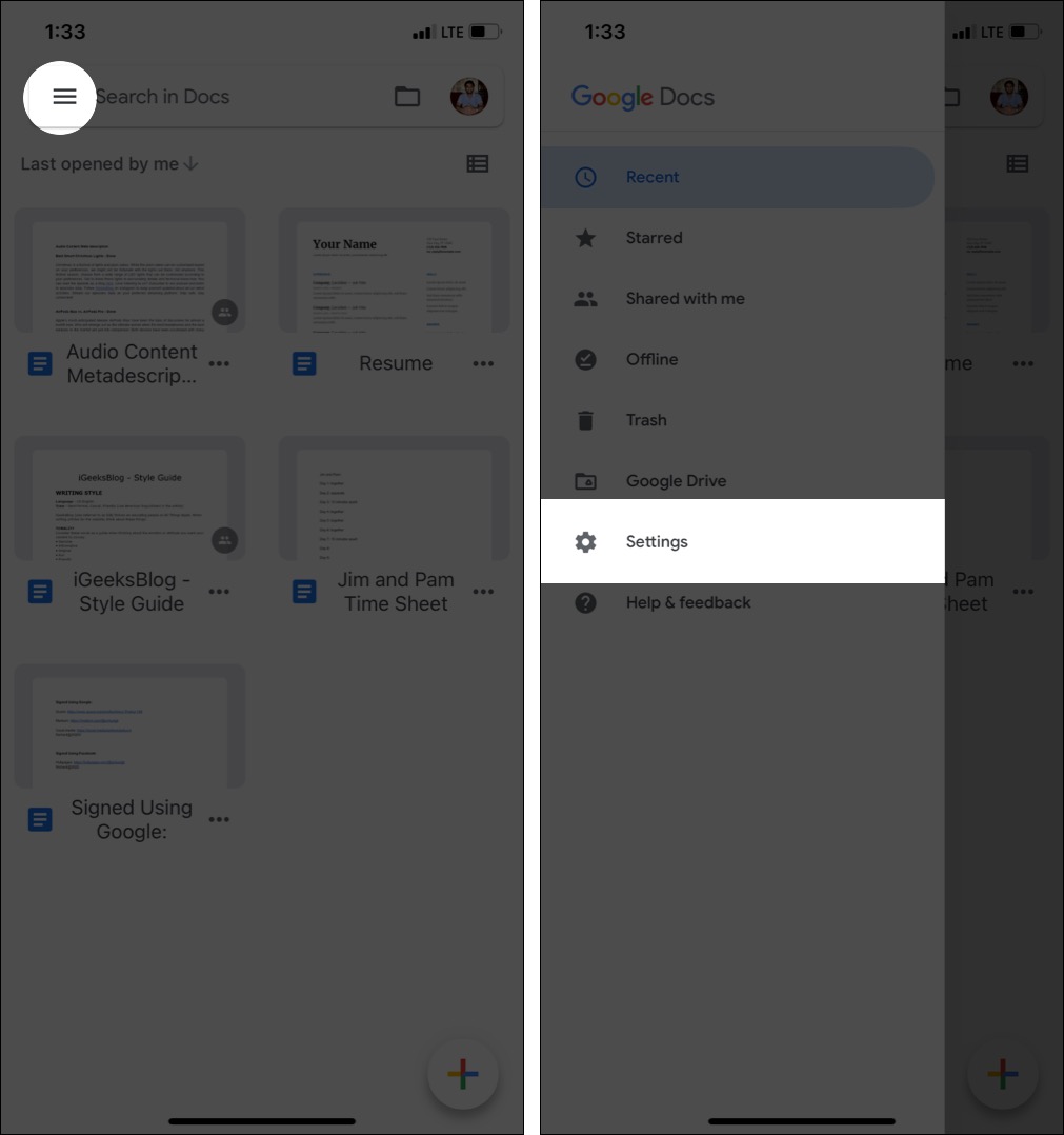No aplicativo Docs, toque no ícone de hambúrguer e depois Configurações