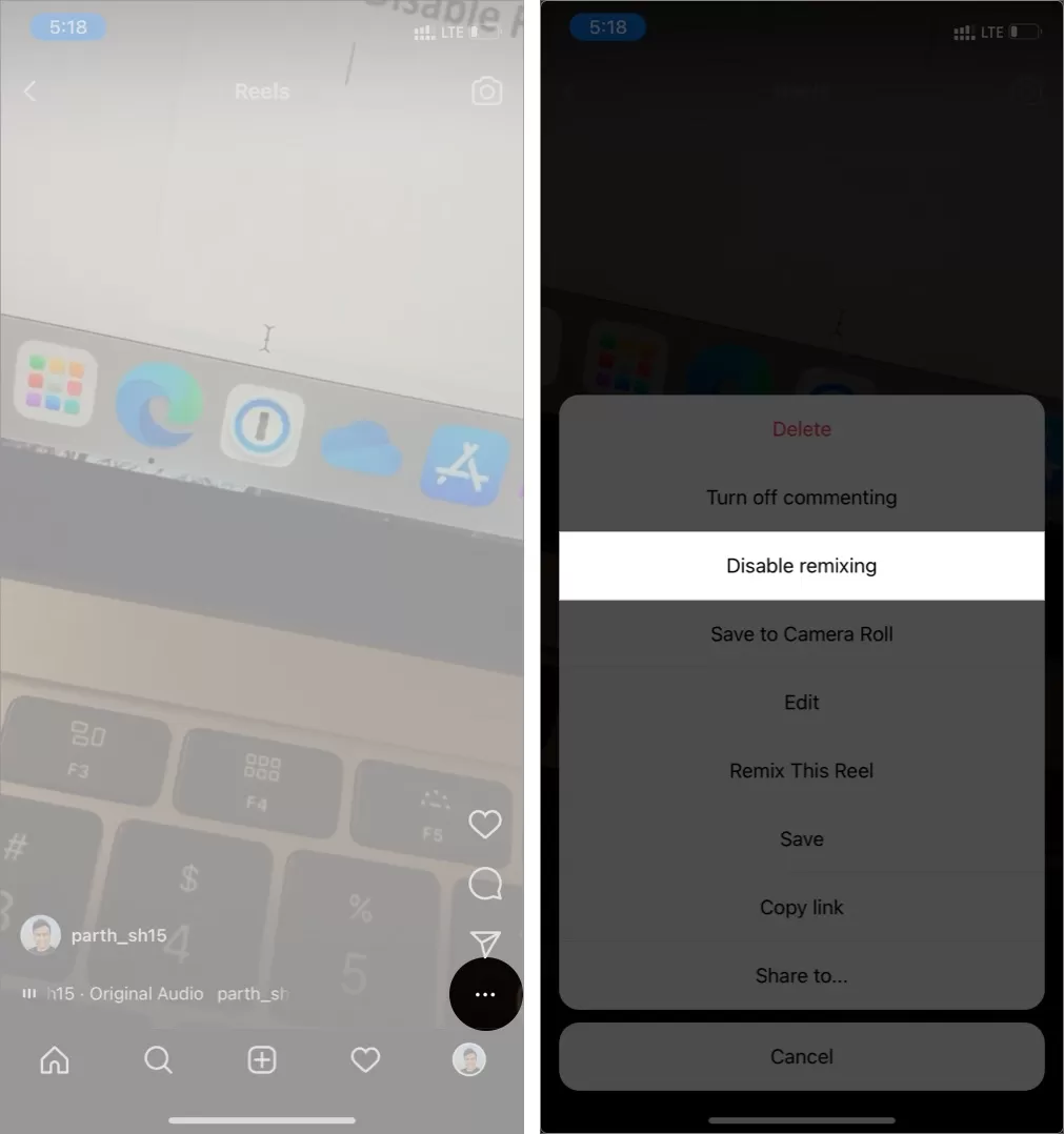Desativar remixagem de carretéis para um carretel individual do Instagram