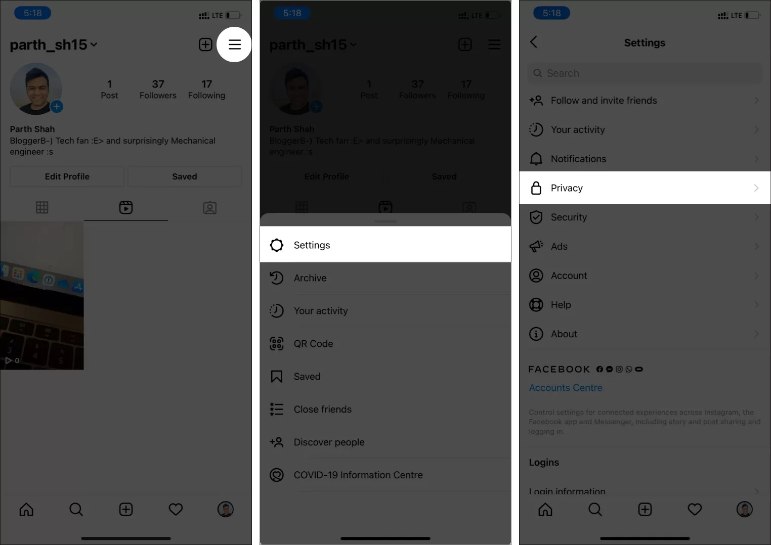 Vá para Privacidade no Instagram