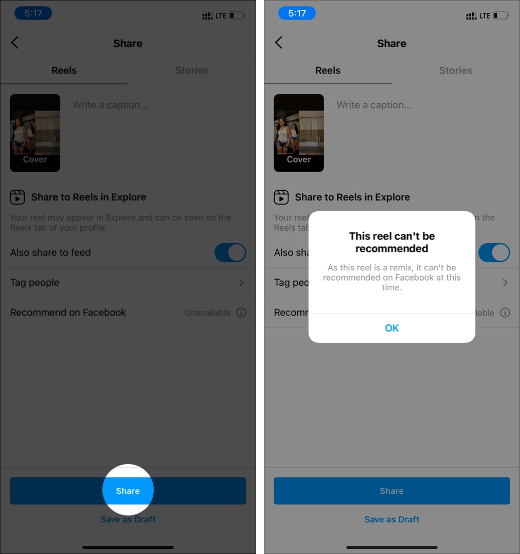 Tap on Share, integração do Facebook para carretéis de remix está faltando no momento