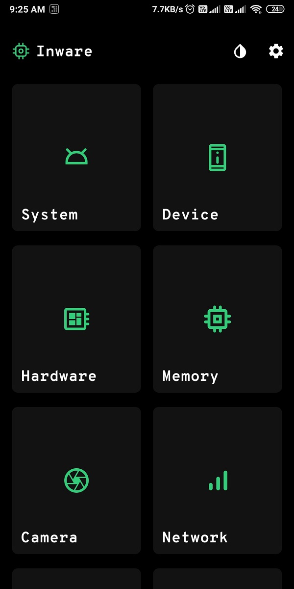 O aplicativo tem diferentes seções, como sistema, dispositivo, hardware, memória, câmera, rede, conectividade, bateria e DRM de mídia