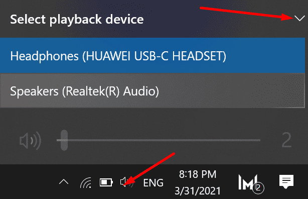 selecione o dispositivo de reprodução da bandeja do sistema do Windows