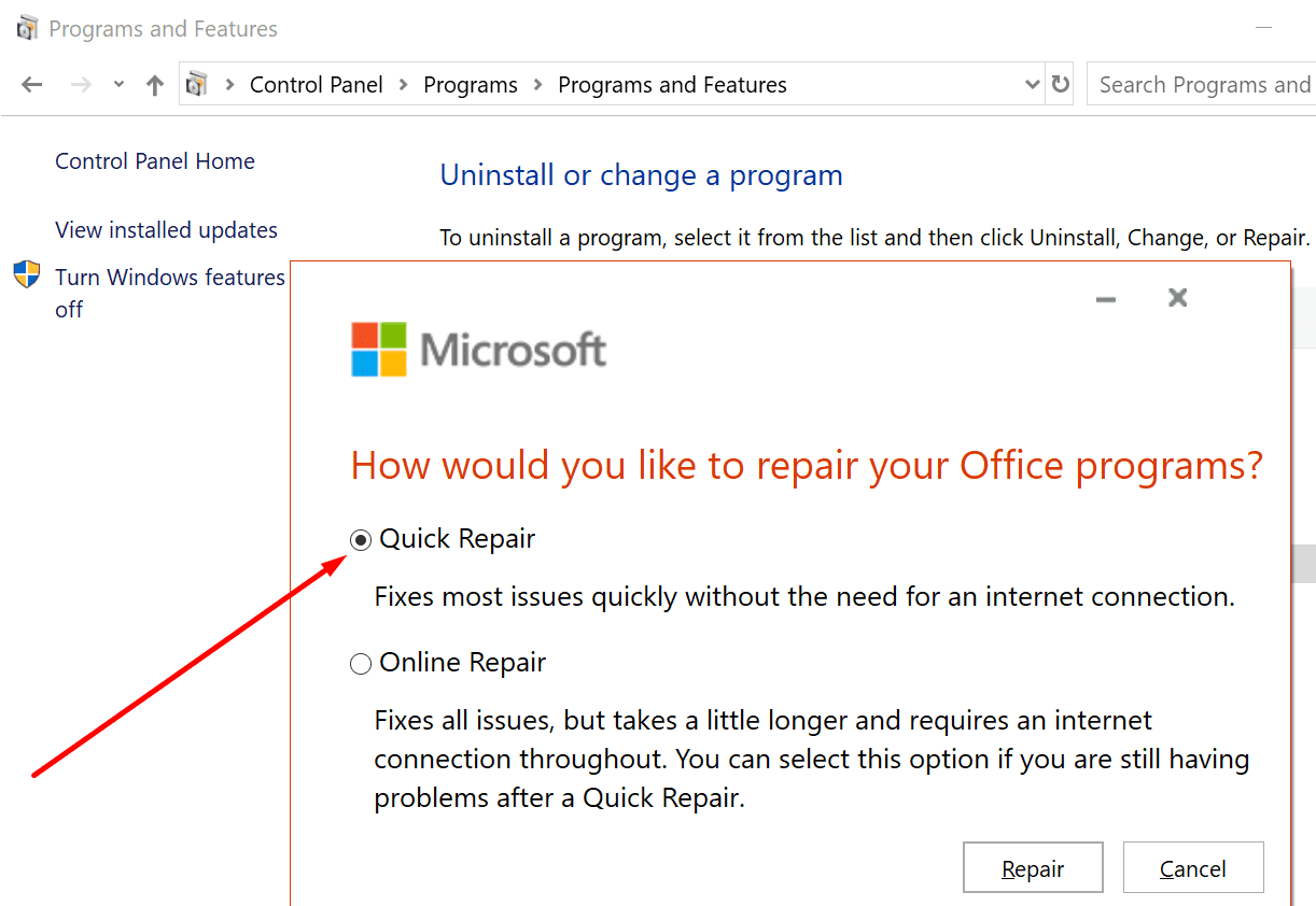 reparo rápido do windows 10