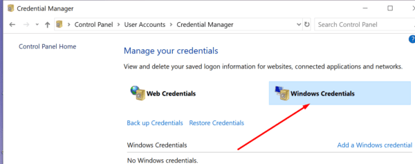 control panel windows credentials