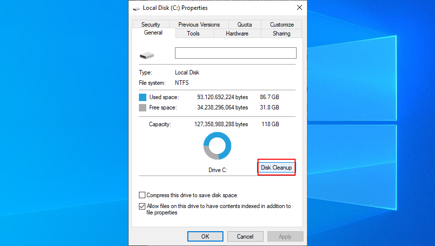 Windows 10 shows how to perform Disk Cleanup on the C: drive
