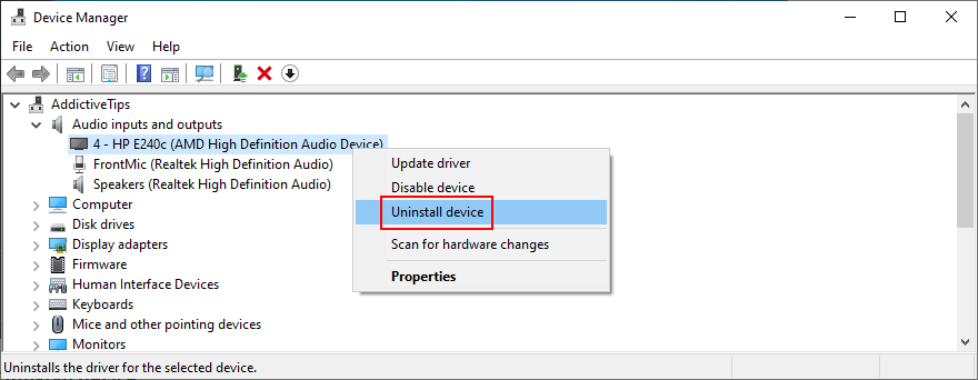 Device Manager shows how to uninstall an audio device