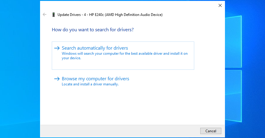 Device Manager shows how to search automatically for audio drivers