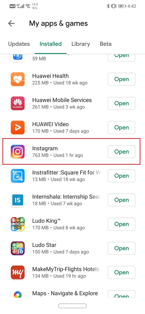 Pesquise Instagram e verifique se há atualizações pendentes