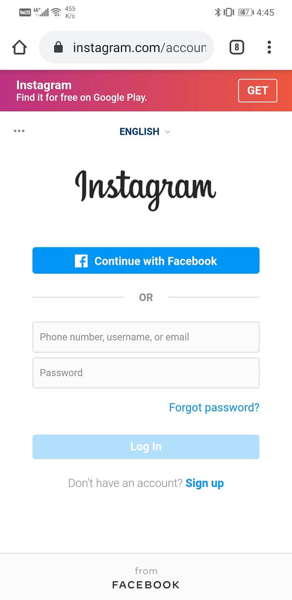 Abra a página de login do Instagram e entre com seu nome de usuário e senha