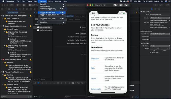 Testando modo escuro Exibição do Xcode
