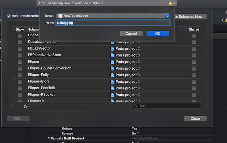 Esquema de Xcode Criar novo Esquema