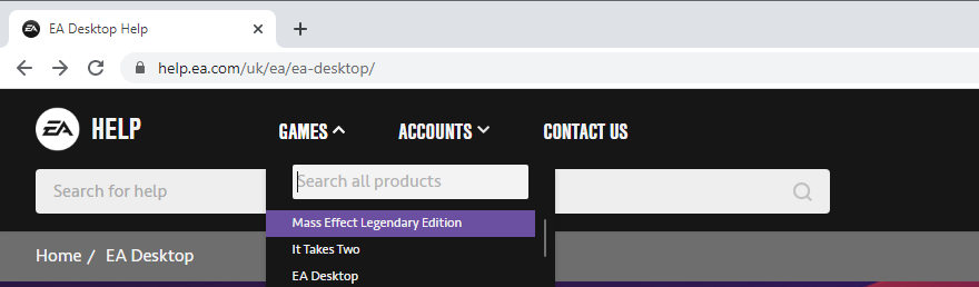 mostrar para procurar um jogo na Ajuda da EA
