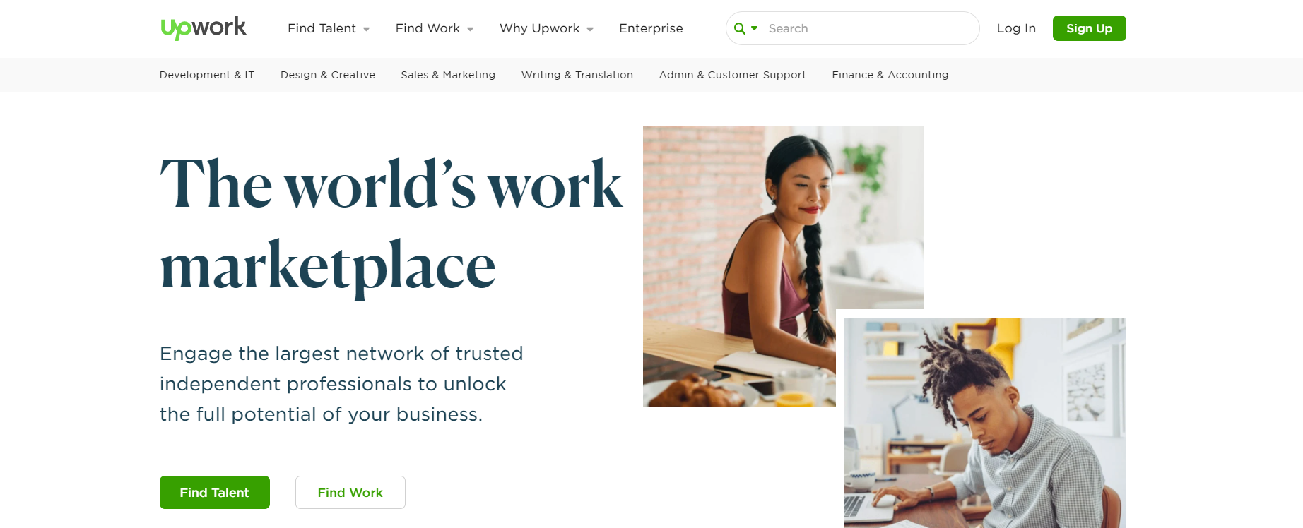 A página inicial do Upwork.