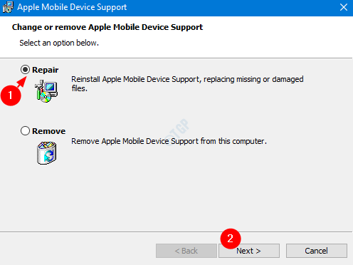 Reparar e pressionar Próximo