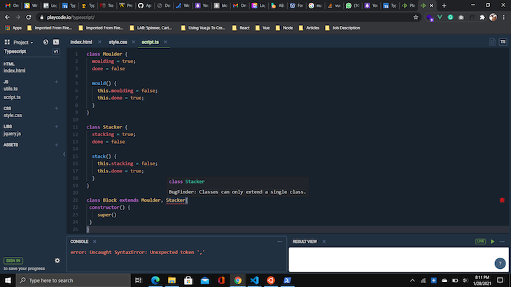 Erro de extensão de classe múltipla de TypeScript