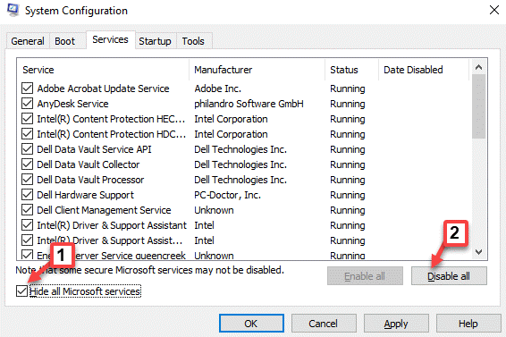 Configuração do sistema Ocultar todos os serviços Microsoft Marque Desativar tudo