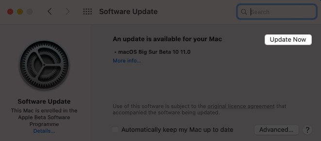 Clique em Atualizar agora para atualizar macOS