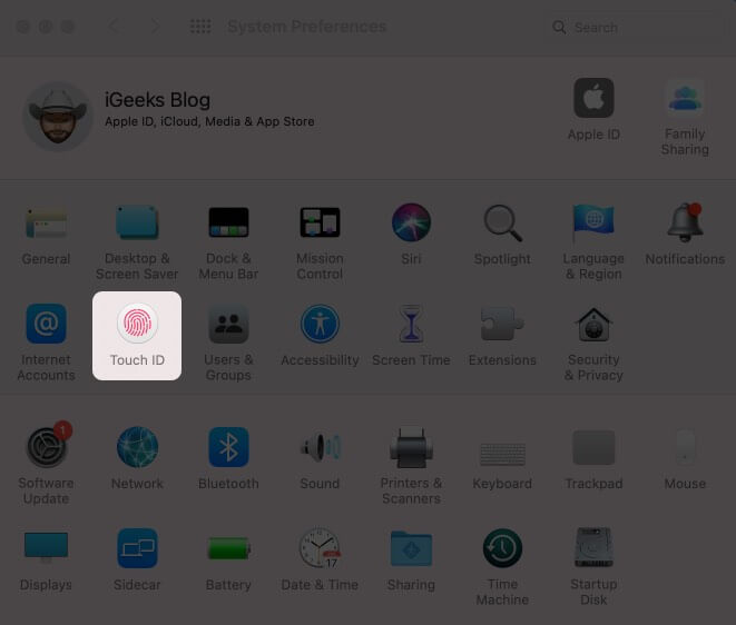 Clique no Touch ID em Preferências do sistema no Mac