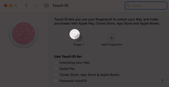 Clique no ícone x em Impressão digital em Preferências do sistema Mac