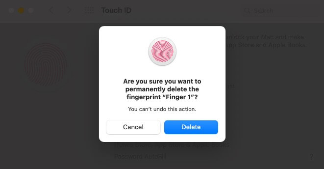 Clique em Delete para remover a impressão digital do Mac Touch Id