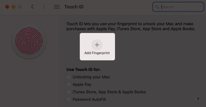 Clique em Adicionar impressão digital no toque Id no Mac