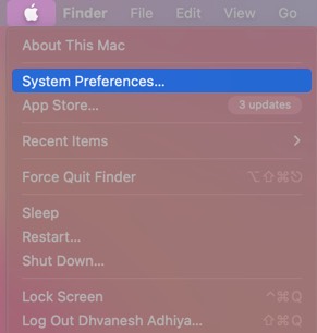 clique no logotipo da apple e selecione as preferências do sistema em macos big sur