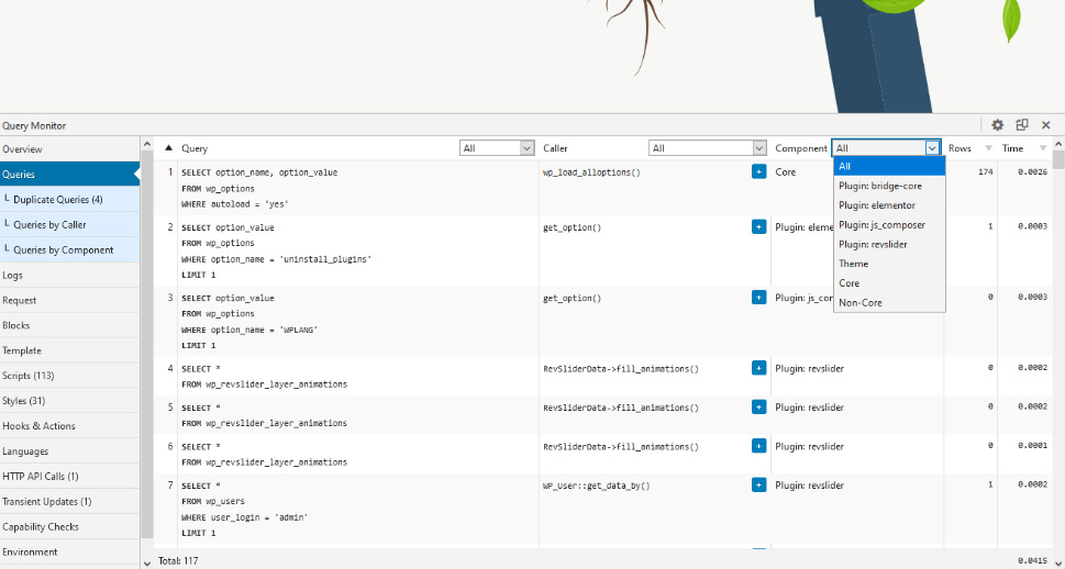 Navegando pelas informações no Query Monitor