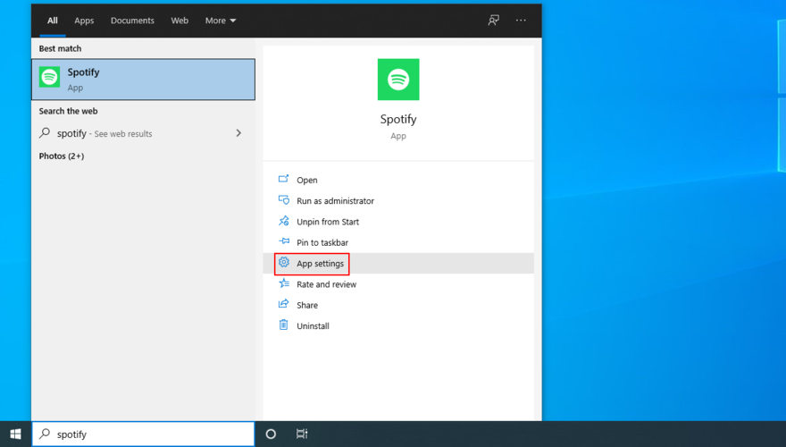 Windows 10 mostra como acessar as configurações do aplicativo Spotify no menu Iniciar