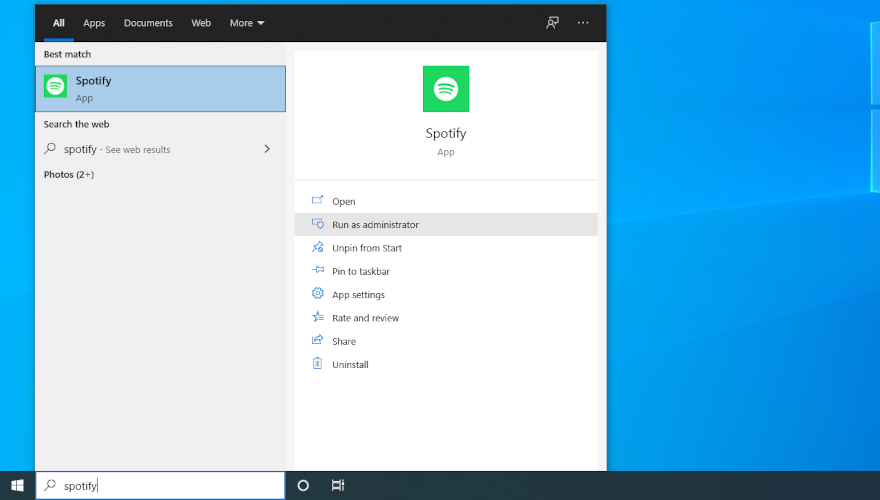 O Windows 10 mostra como executar o Spotify como admin