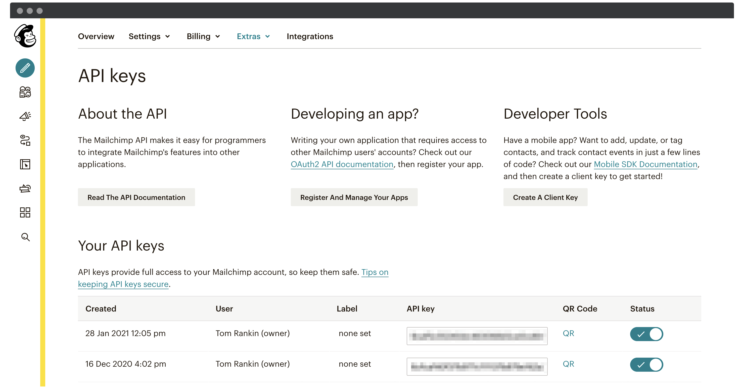Criando uma chave API no Mailchimp.