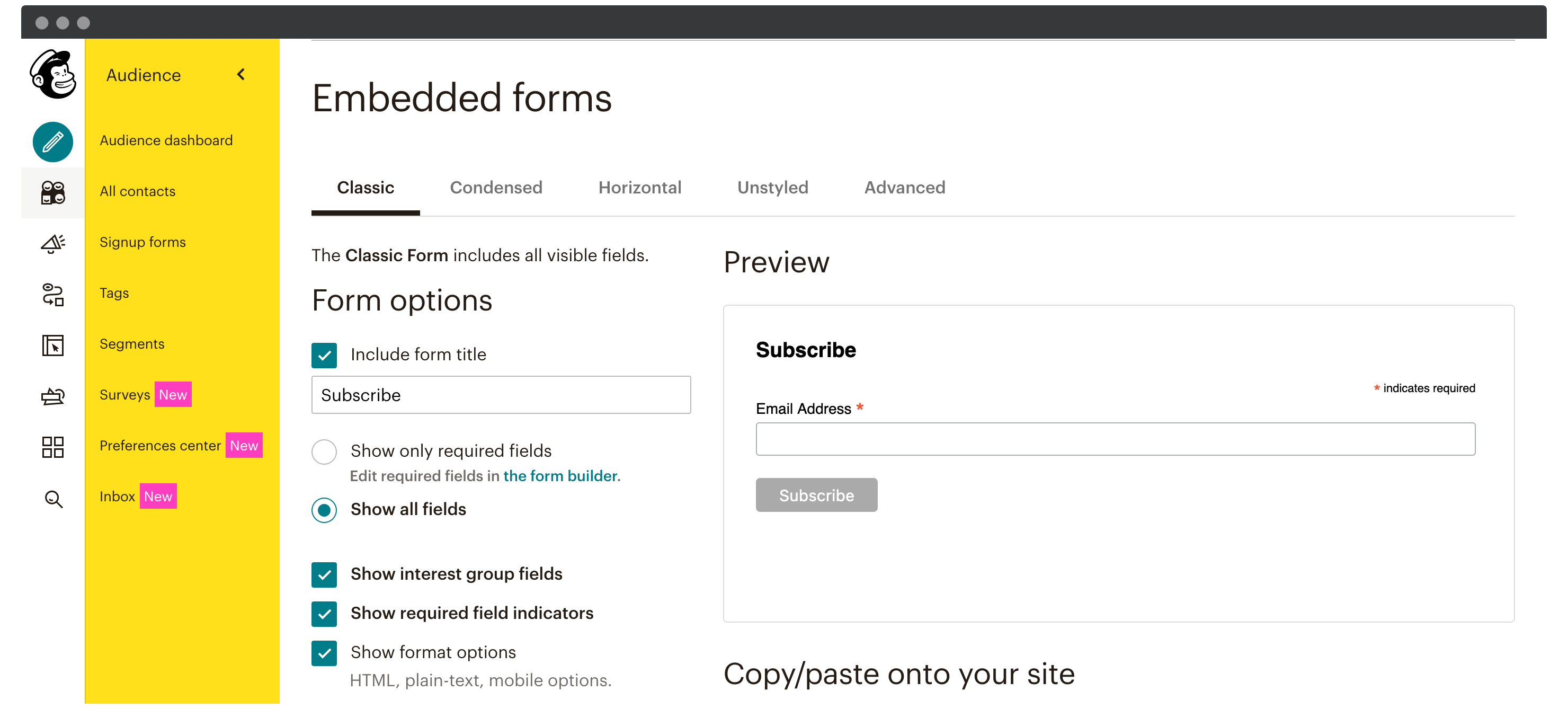 Opções de incorporação de formulários do Mailchimp.