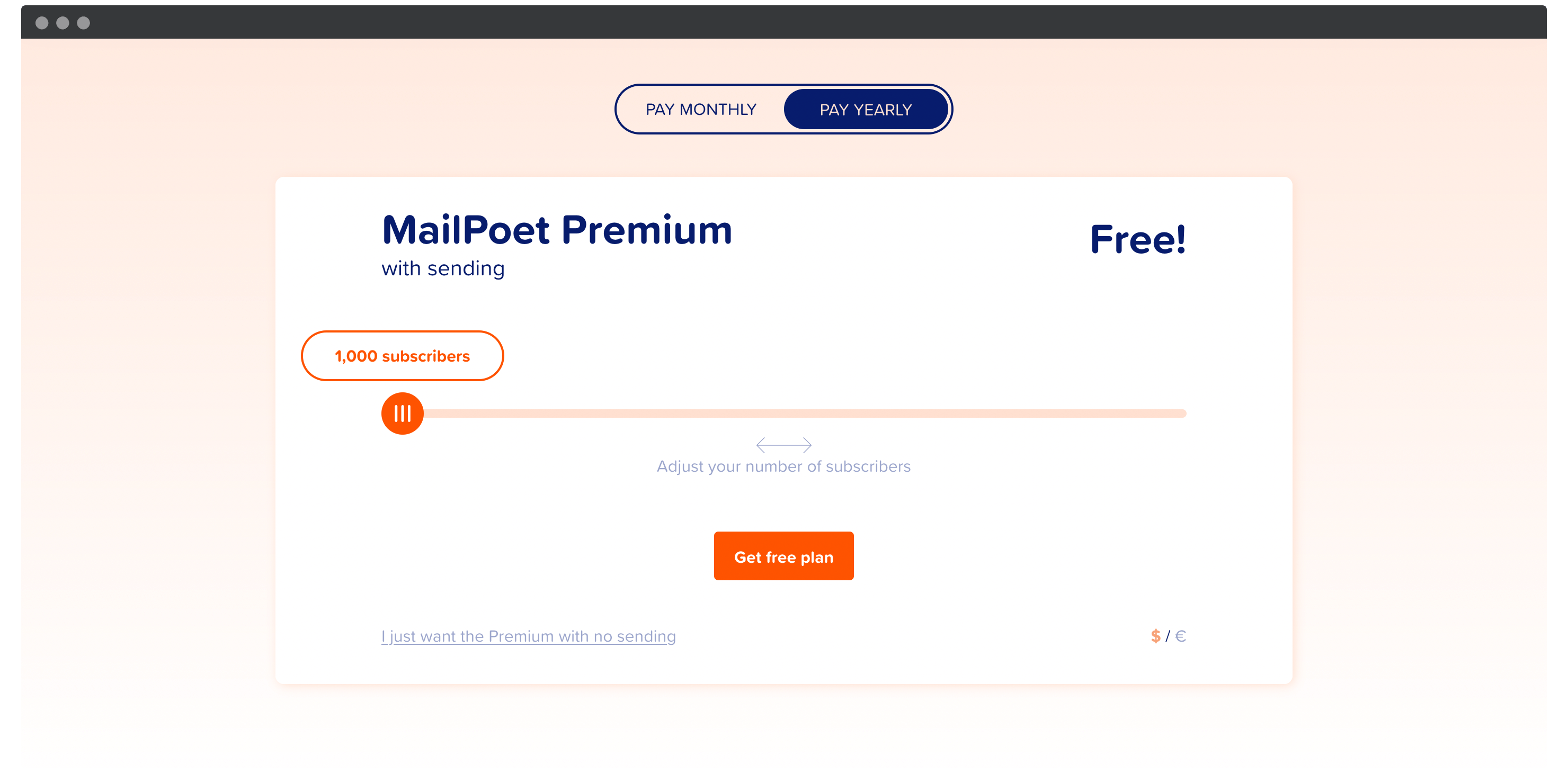 Página de preços do MailPoet.