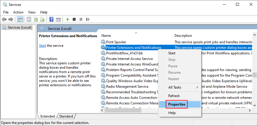 Windows shows how to access Printer Extensions and Notifications service properties