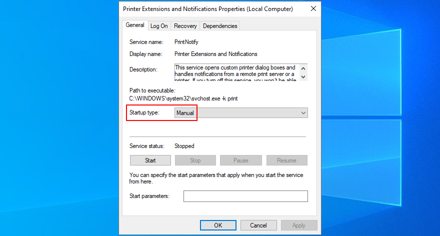 Windows 10 shows how to edit Printer Extensions and Notifications service properties