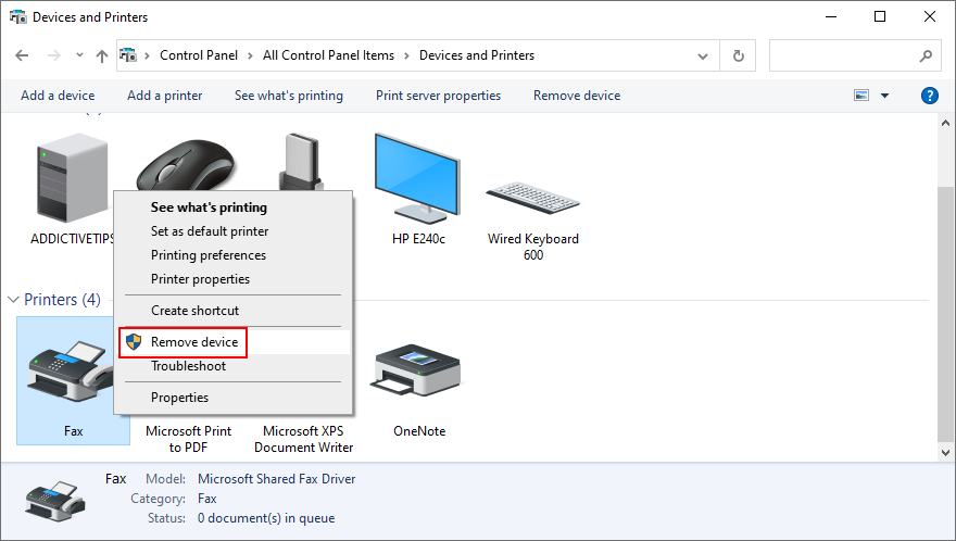 Windows 10 mostra como remover o dispositivo de impressora