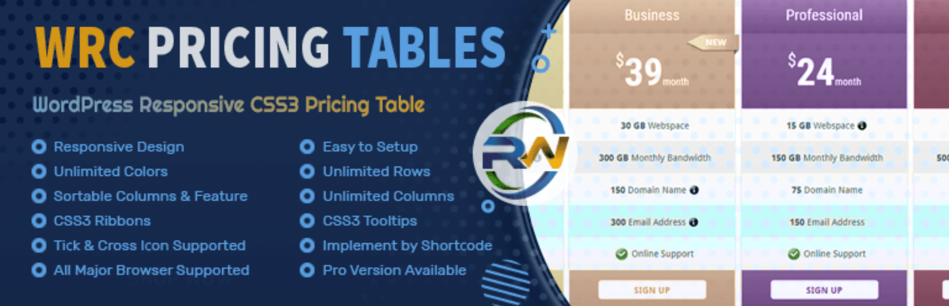 O plugin WRC Pricing Tables.