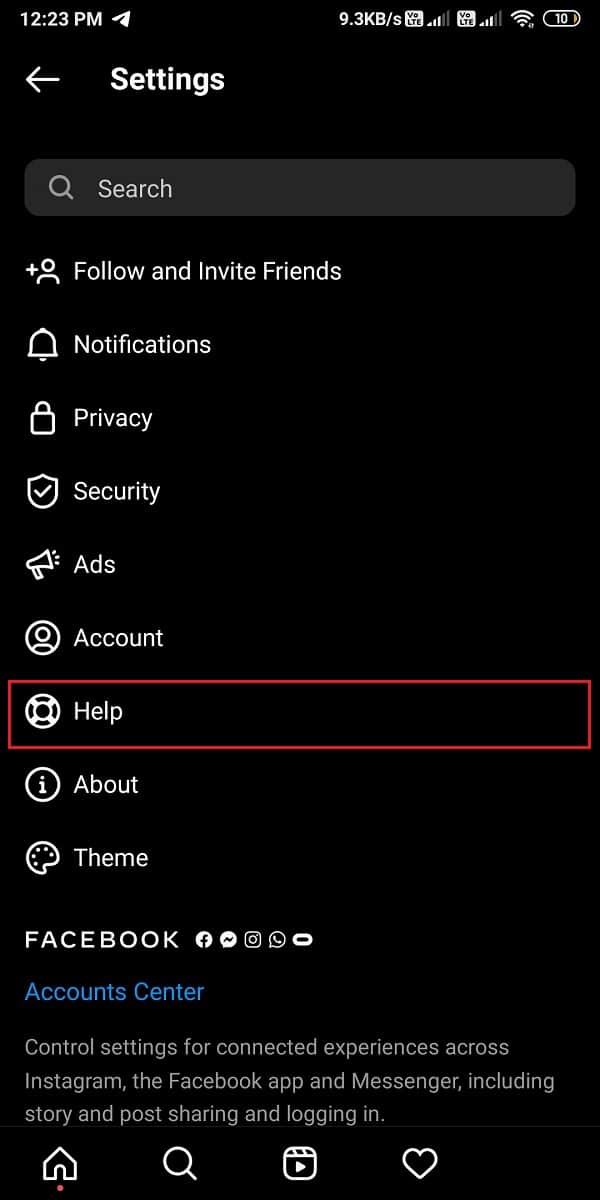 Clique em help | Fix Instagram Video Calling Not Trabalhando