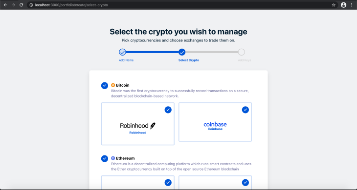 Select Crypto Screen with Coins and Marketplaces