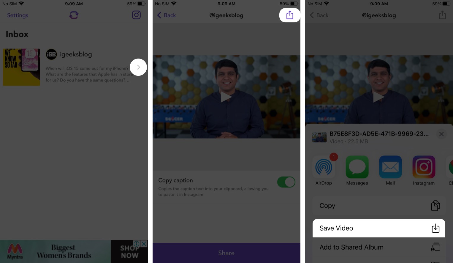 Toque em Salvar vídeo em Repost para app Instagram iOS