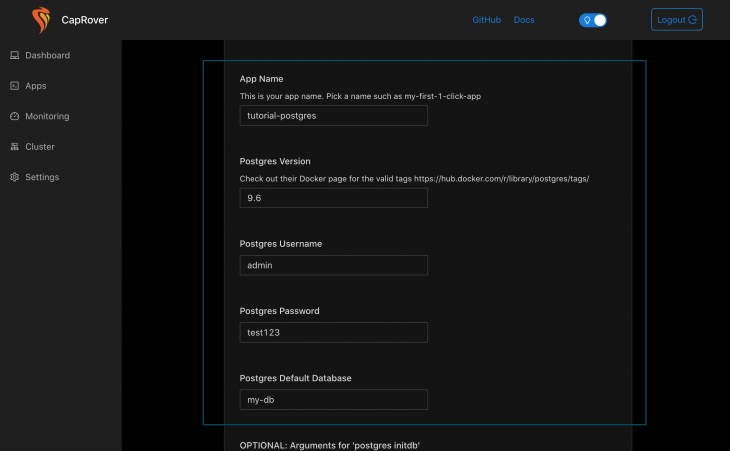 Tela CapRover PostgreSQL com detalhes do aplicativo preenchidos em