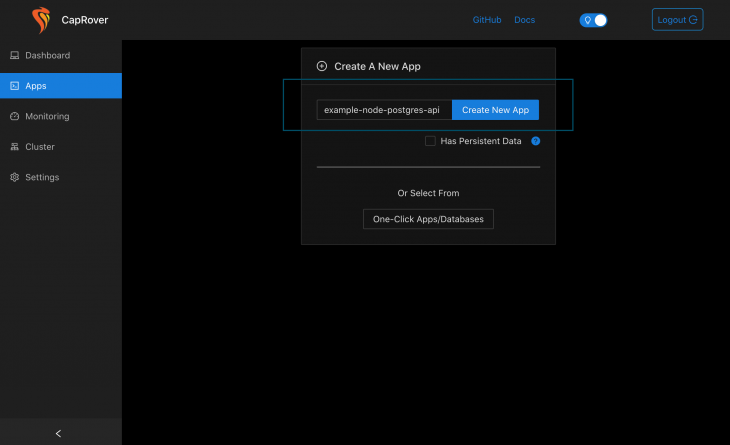 CapRover Criar uma nova tela de aplicativo
