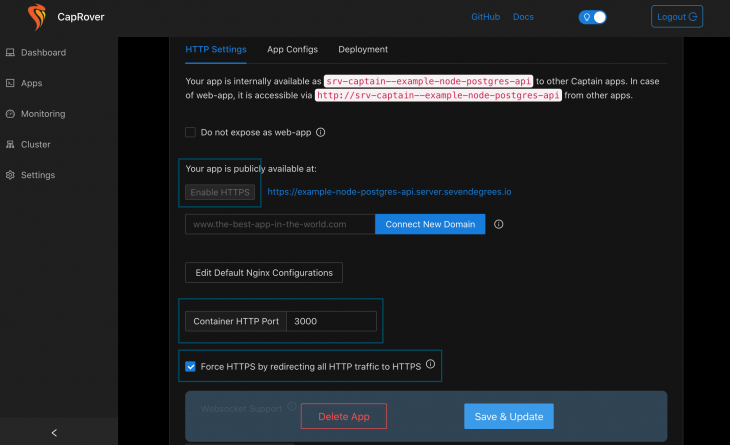 Guia de configurações HTTP na interface CapRover