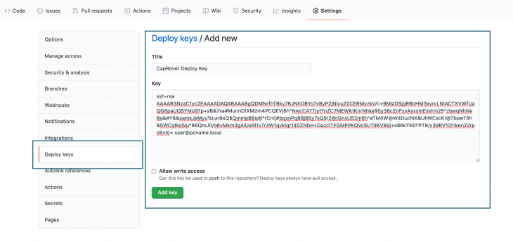 Captura de tela do representante do Github na guia de chaves de implantação