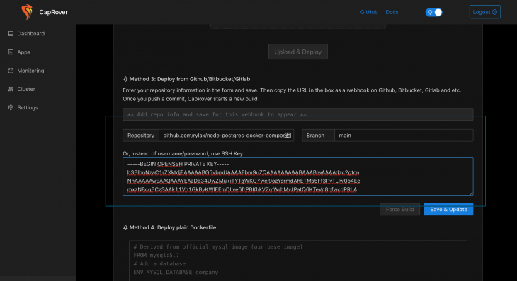 Implantar a partir da tela do Github em CapRover com a chave SSH preenchida com