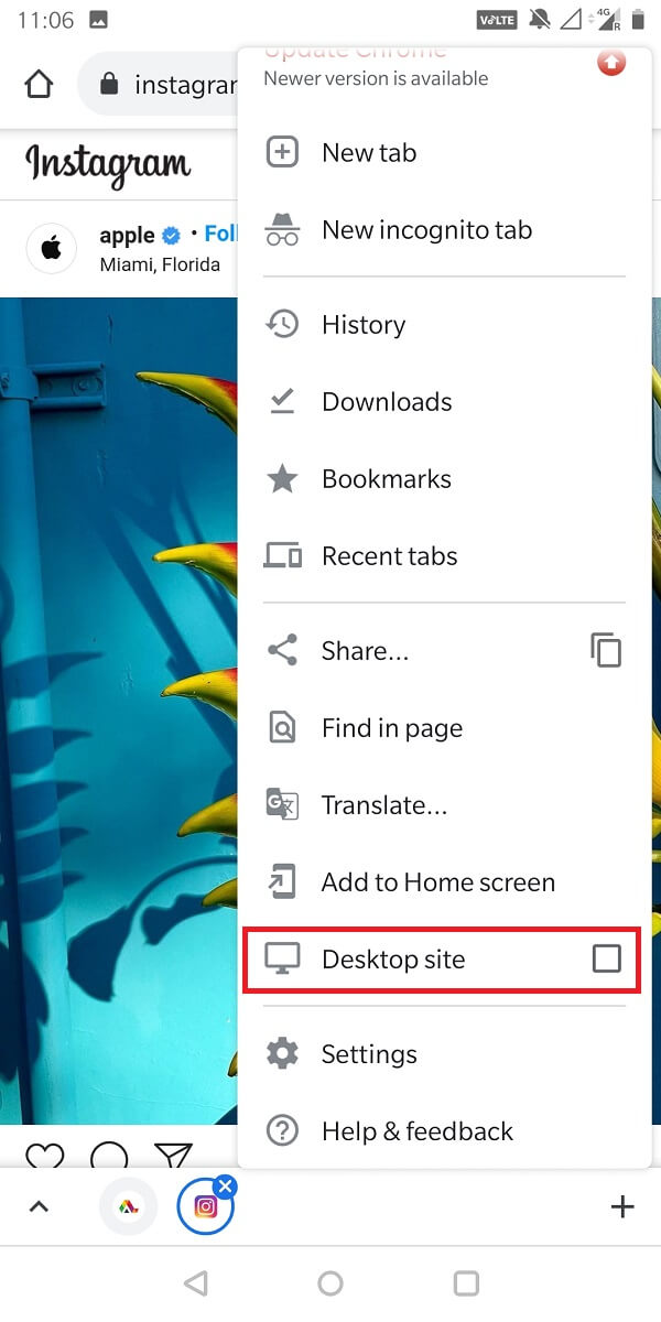Nas configurações do seu navegador no lado superior direito, marque a caixa de seleção que diz “Desktop Site”. | Como copiar comentários e biografia das legendas do Instagram
