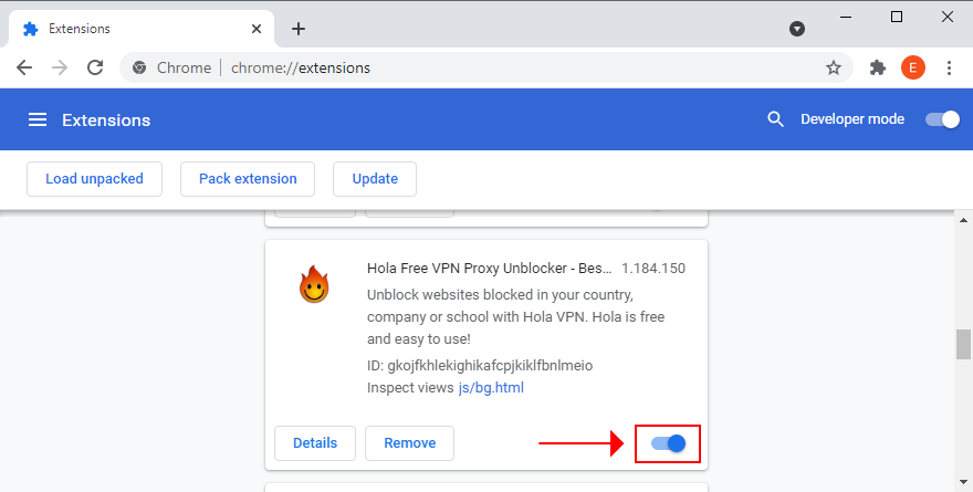 Google Chrome shows how to disable the Hola extension
