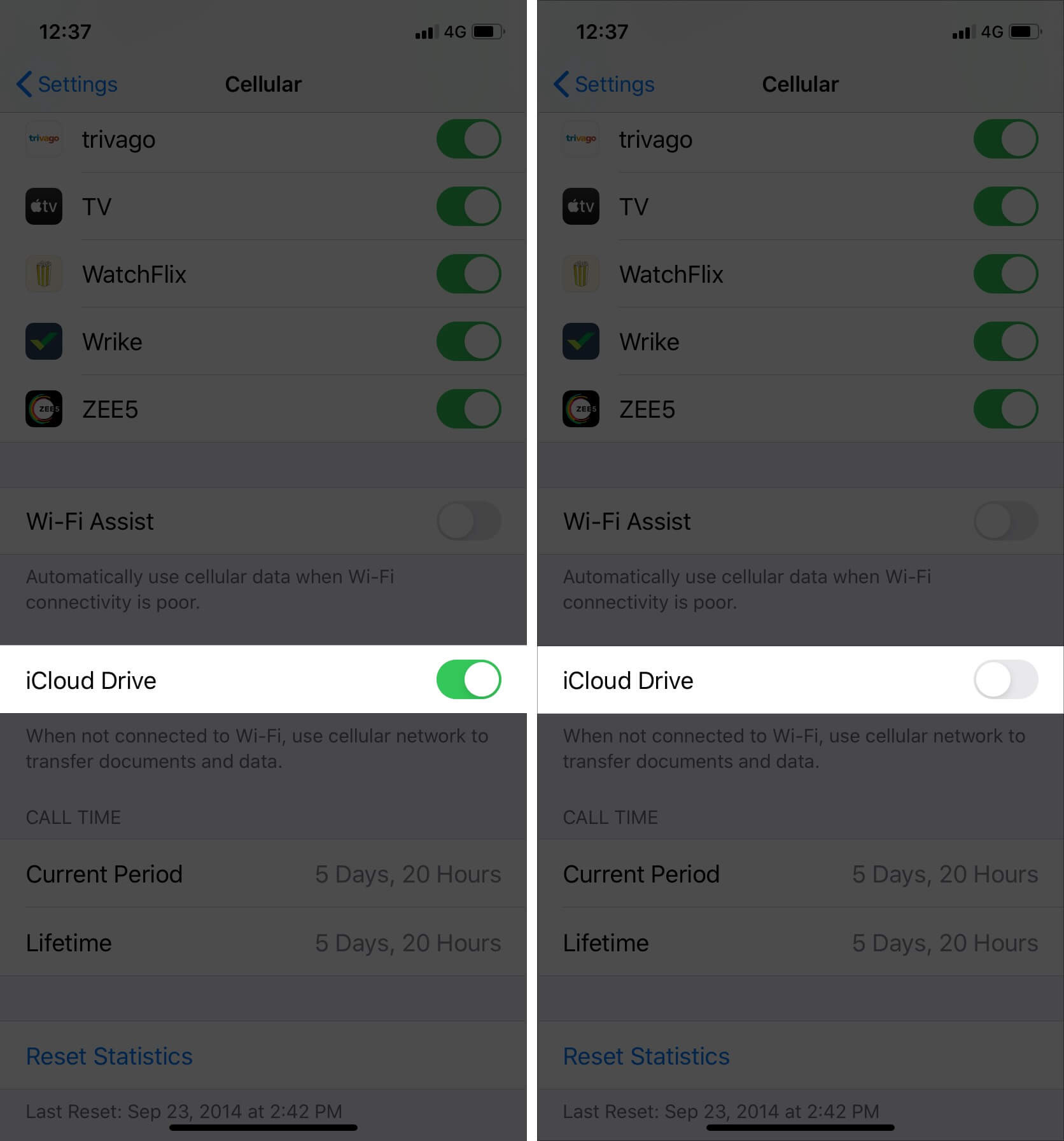 Desativar dados de celular para iCloud Drive no iPhone